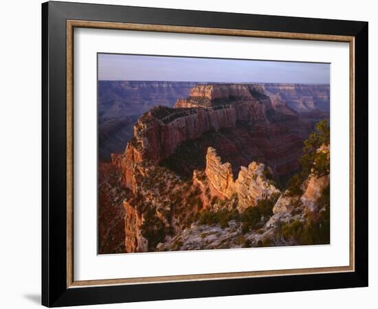 Arizona, North Rim, Sunrise Light Brightens Wotans Throne and Surrounding Canyon, from Cape Royal-John Barger-Framed Photographic Print