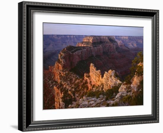 Arizona, North Rim, Sunrise Light Brightens Wotans Throne and Surrounding Canyon, from Cape Royal-John Barger-Framed Photographic Print