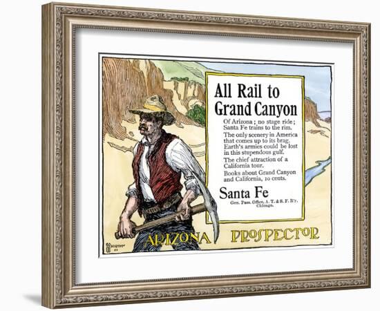 Arizona Prospector and the Grand Canyon Featured in a Santa Fe Railroad Ad, c.1900-null-Framed Giclee Print