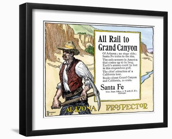 Arizona Prospector and the Grand Canyon Featured in a Santa Fe Railroad Ad, c.1900-null-Framed Giclee Print