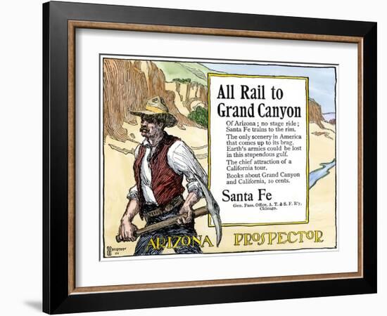 Arizona Prospector and the Grand Canyon Featured in a Santa Fe Railroad Ad, c.1900-null-Framed Giclee Print