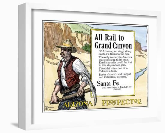 Arizona Prospector and the Grand Canyon Featured in a Santa Fe Railroad Ad, c.1900-null-Framed Giclee Print