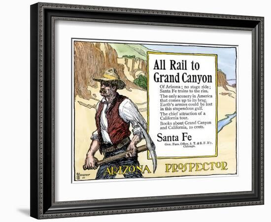 Arizona Prospector and the Grand Canyon Featured in a Santa Fe Railroad Ad, c.1900-null-Framed Giclee Print