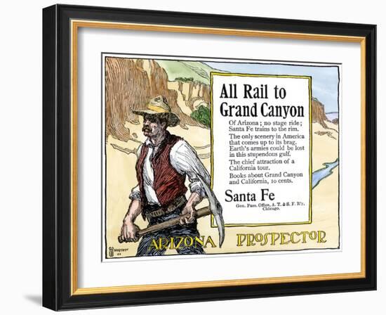 Arizona Prospector and the Grand Canyon Featured in a Santa Fe Railroad Ad, c.1900-null-Framed Giclee Print