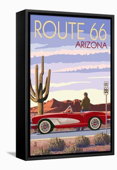 Arizona - Route 66 - Corvette with Red Rocks-Lantern Press-Framed Stretched Canvas