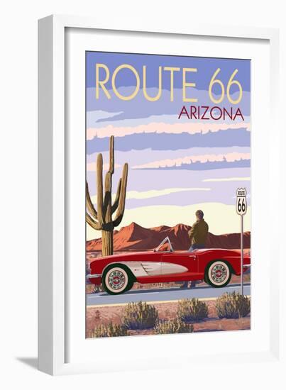 Arizona - Route 66 - Corvette with Red Rocks-Lantern Press-Framed Art Print