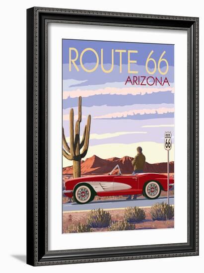 Arizona - Route 66 - Corvette with Red Rocks-Lantern Press-Framed Art Print