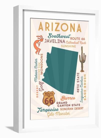 Arizona - Typography and Icons-Lantern Press-Framed Art Print