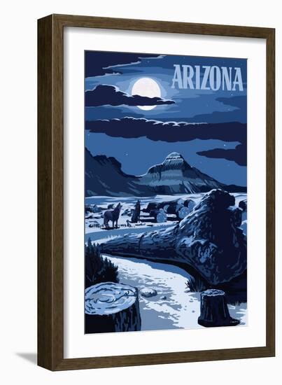 Arizona - Wolves and Full Moon at Night-Lantern Press-Framed Art Print