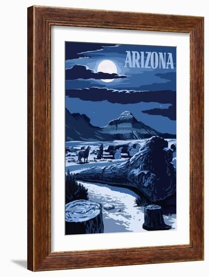 Arizona - Wolves and Full Moon at Night-Lantern Press-Framed Art Print