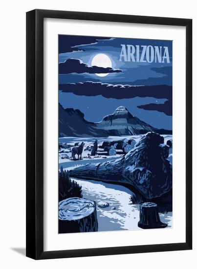 Arizona - Wolves and Full Moon at Night-Lantern Press-Framed Art Print