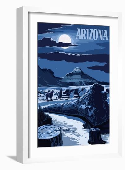 Arizona - Wolves and Full Moon at Night-Lantern Press-Framed Art Print