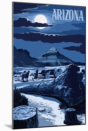 Arizona - Wolves and Full Moon at Night-Lantern Press-Mounted Art Print