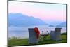 Armchairs and red wine with views of Lake Como at sunset, Lombardy, Italian Lakes, Italy-Simon Montgomery-Mounted Photographic Print