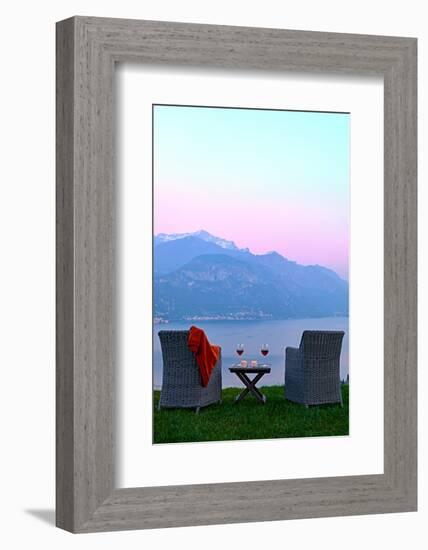 Armchairs and red wine with views of Lake Como at sunset, Lombardy, Italian Lakes, Italy-Simon Montgomery-Framed Photographic Print