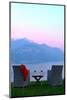 Armchairs and red wine with views of Lake Como at sunset, Lombardy, Italian Lakes, Italy-Simon Montgomery-Mounted Photographic Print