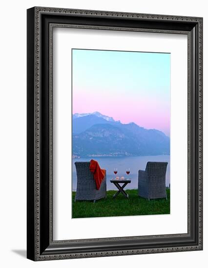 Armchairs and red wine with views of Lake Como at sunset, Lombardy, Italian Lakes, Italy-Simon Montgomery-Framed Photographic Print