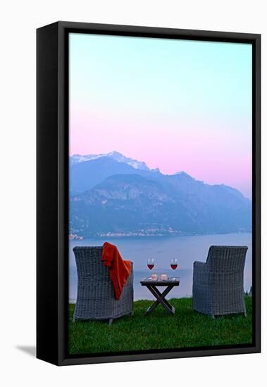 Armchairs and red wine with views of Lake Como at sunset, Lombardy, Italian Lakes, Italy-Simon Montgomery-Framed Premier Image Canvas