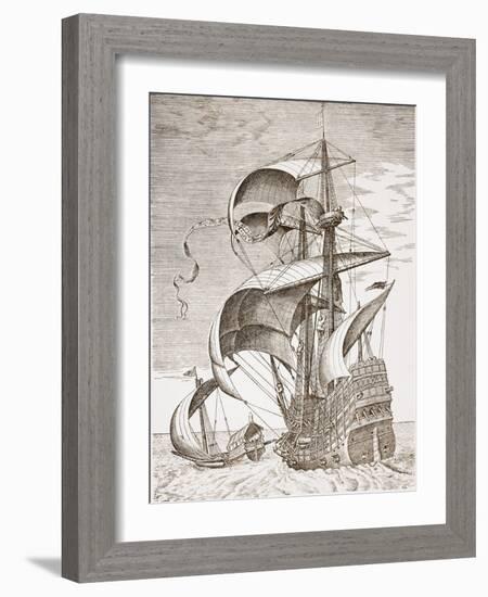 Armed Three-Master on the Open Sea Accompanied by a Galley from 'The Sailing Vessels'-Pieter Bruegel the Elder-Framed Giclee Print