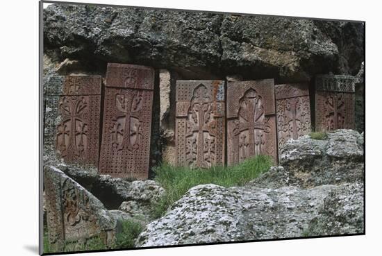 Armenia, Geghard Monastery, Row of Khachkars, Carved Tombstones-null-Mounted Giclee Print