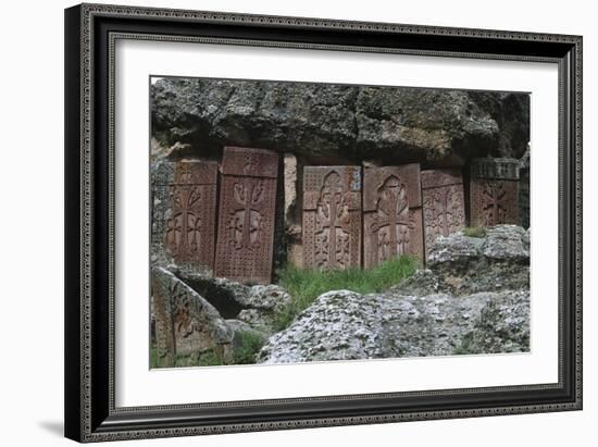 Armenia, Geghard Monastery, Row of Khachkars, Carved Tombstones-null-Framed Giclee Print
