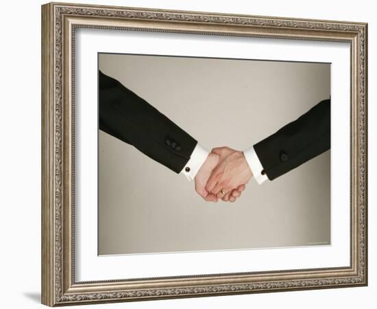 Arms of Male Couple Wearing Tuxedos Holding Hands, One with Wedding Band, Illustrating Gay Marriage-Ted Thai-Framed Photographic Print