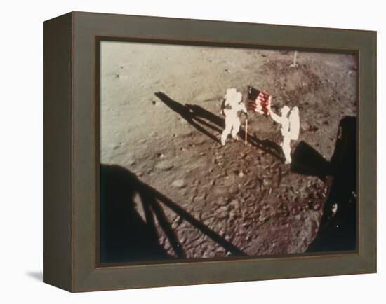 Armstrong and Aldrin Unfurl the Us Flag on the Moon, 1969-null-Framed Premier Image Canvas