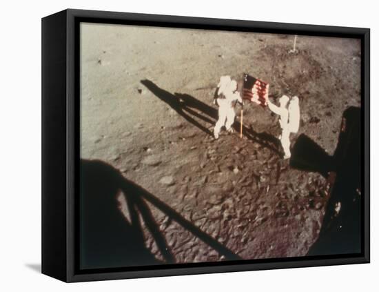 Armstrong and Aldrin Unfurl the Us Flag on the Moon, 1969-null-Framed Premier Image Canvas