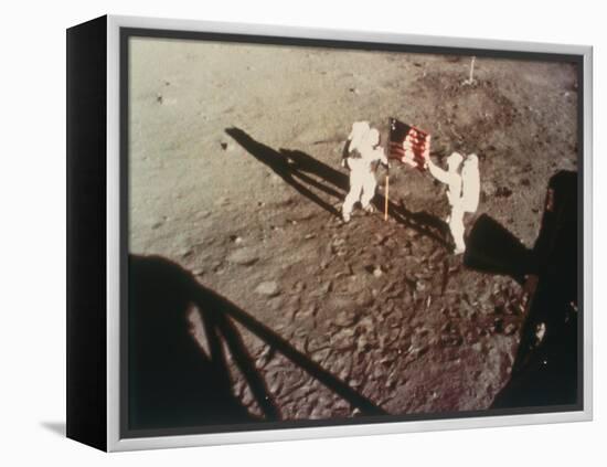 Armstrong and Aldrin Unfurl the Us Flag on the Moon, 1969-null-Framed Premier Image Canvas