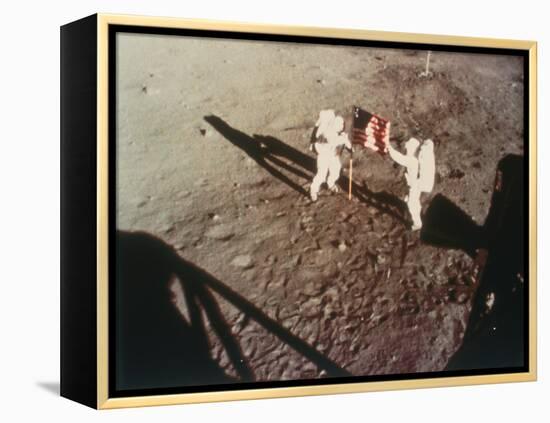 Armstrong and Aldrin Unfurl the Us Flag on the Moon, 1969-null-Framed Premier Image Canvas