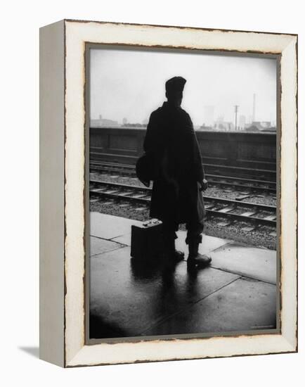 Army Sergeant Visiting Home on Leave Waiting at the Railway Station-Bob Landry-Framed Premier Image Canvas