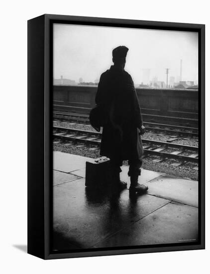 Army Sergeant Visiting Home on Leave Waiting at the Railway Station-Bob Landry-Framed Premier Image Canvas