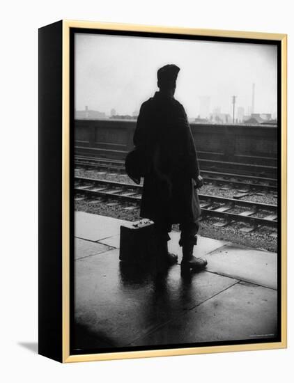 Army Sergeant Visiting Home on Leave Waiting at the Railway Station-Bob Landry-Framed Premier Image Canvas