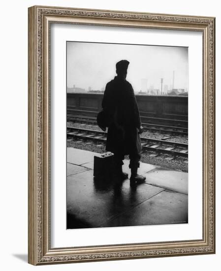 Army Sergeant Visiting Home on Leave Waiting at the Railway Station-Bob Landry-Framed Photographic Print