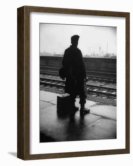 Army Sergeant Visiting Home on Leave Waiting at the Railway Station-Bob Landry-Framed Photographic Print