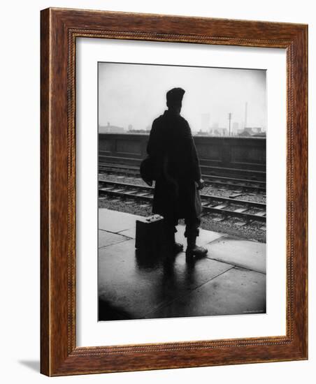 Army Sergeant Visiting Home on Leave Waiting at the Railway Station-Bob Landry-Framed Photographic Print