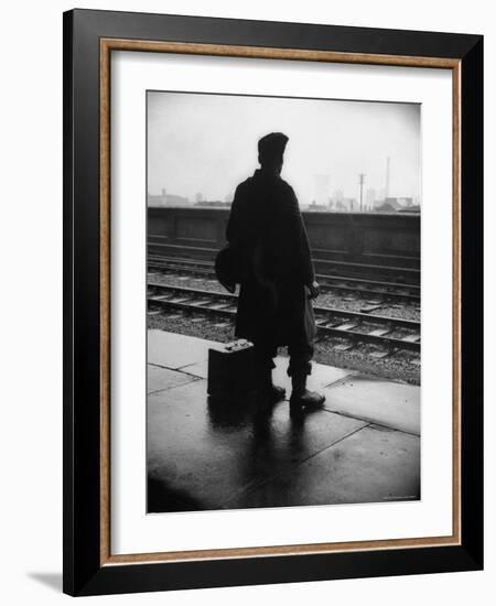 Army Sergeant Visiting Home on Leave Waiting at the Railway Station-Bob Landry-Framed Photographic Print