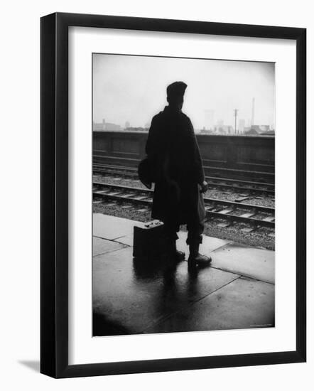 Army Sergeant Visiting Home on Leave Waiting at the Railway Station-Bob Landry-Framed Photographic Print