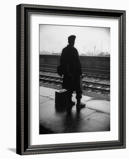 Army Sergeant Visiting Home on Leave Waiting at the Railway Station-Bob Landry-Framed Photographic Print