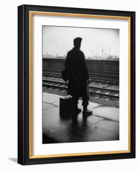 Army Sergeant Visiting Home on Leave Waiting at the Railway Station-Bob Landry-Framed Photographic Print