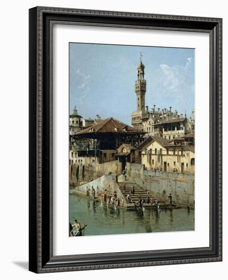 Arno River and Ponte Vecchio in Florence, 1742-Bernardo Bellotto-Framed Premium Giclee Print