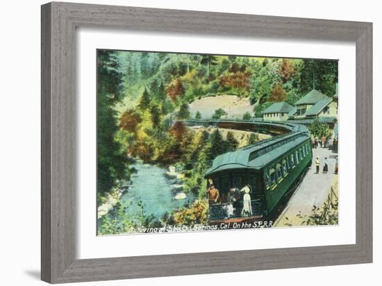 Arriving at the Springs on the Southern Pacific Railroad - Shasta Springs, CA-Lantern Press-Framed Art Print
