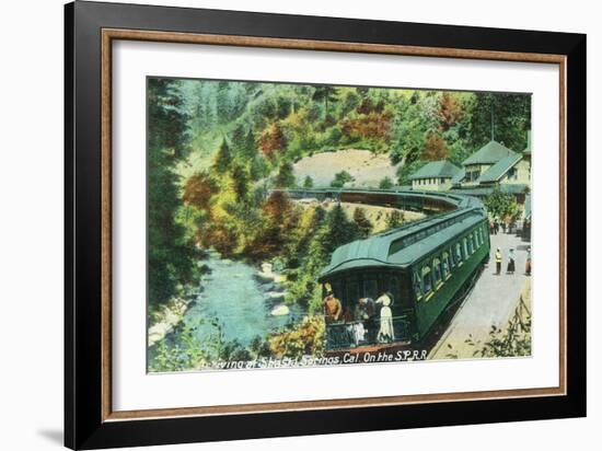 Arriving at the Springs on the Southern Pacific Railroad - Shasta Springs, CA-Lantern Press-Framed Art Print