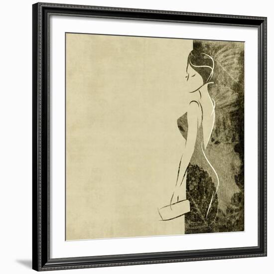 Art Autumn Background With Beautiful Young Woman In Party Black Dress With Clutch Bag In Sepia-Irina QQQ-Framed Art Print