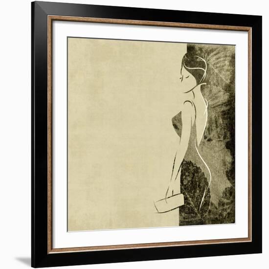 Art Autumn Background With Beautiful Young Woman In Party Black Dress With Clutch Bag In Sepia-Irina QQQ-Framed Art Print