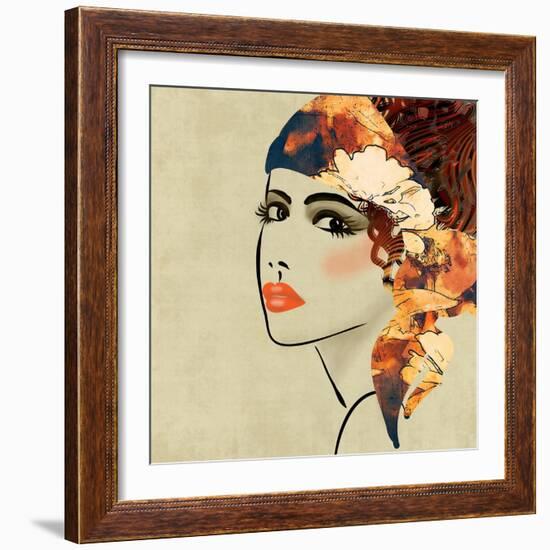 Art Colorful Sketching Beautiful Girl Face On Sepia Background, In Art Deco Style-Irina QQQ-Framed Art Print