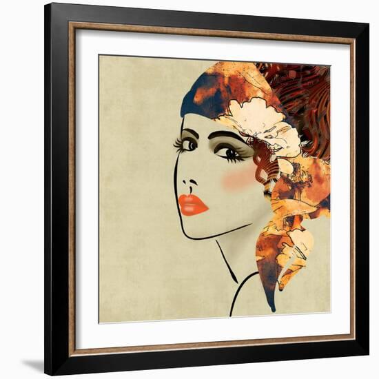 Art Colorful Sketching Beautiful Girl Face On Sepia Background, In Art Deco Style-Irina QQQ-Framed Art Print