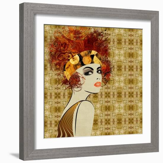 Art Colorful Sketching Beautiful Girl Face On Sepia Ornamental Background, In Art Deco Style-Irina QQQ-Framed Art Print