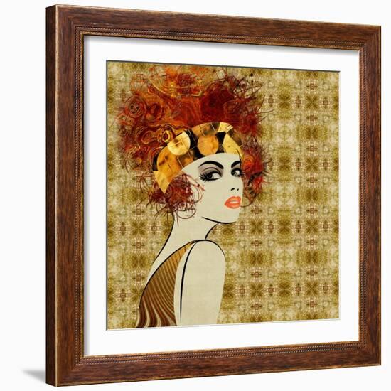 Art Colorful Sketching Beautiful Girl Face On Sepia Ornamental Background, In Art Deco Style-Irina QQQ-Framed Art Print