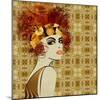 Art Colorful Sketching Beautiful Girl Face On Sepia Ornamental Background, In Art Deco Style-Irina QQQ-Mounted Art Print